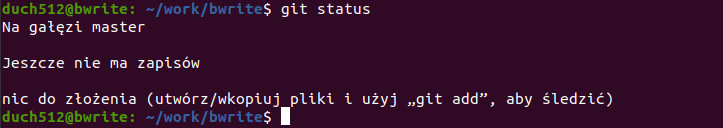 Komenda "git status" na pustym repozytorium